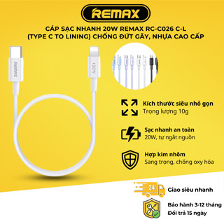 Cáp sạc nhanh 20W REMAX RC-C026 C-L (Type C To Lining) chống đứt gãy, nhựa cao cấp