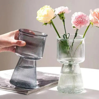 Lọ hoa thủy tinh, lọ hình chân nến, Lọ thủy tinh sọc trắng - khói kiểu dáng độc đáo, vintage