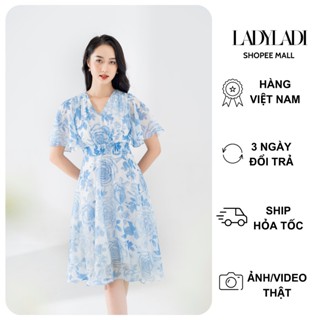  Váy hoa nhí dáng dài LADI cổ v nhún eo chất tơ nhẹ có lớp lót habutai thoáng mát NDA02 