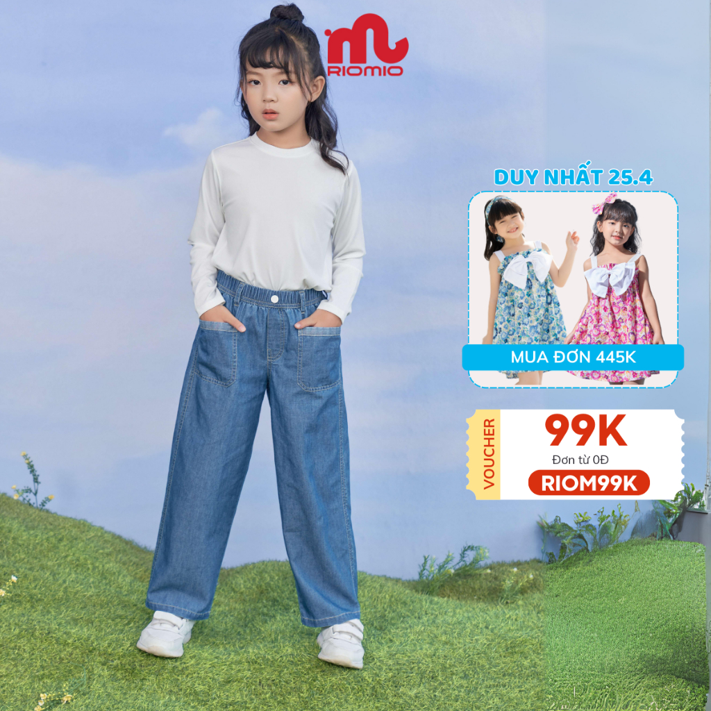 Quần jean bé gái ống rộng RIOMIO quần bò 42-50kg cạp chun chất jean mềm không phai cho bé size đại 11-12 tuổi RO277