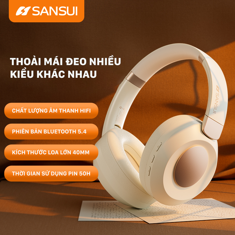 Tai nghe Bluetooth màu trắng Sansui TD8T tai nghe chống ồn mạnh mẽ, kết nối Bluetooth 5.4, tai nghe 