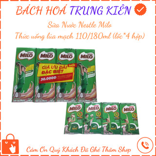 Sữa nước Nestle Milo - Thức uống lúa mạch 180m/110ml (lốc 4 hộp)