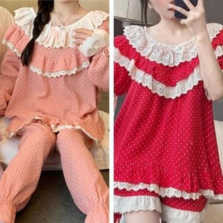 Set bộ chấm bi mặc nhà nữ viền ren tiểu thư quảng châu