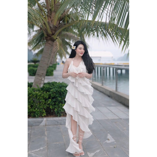 Đầm maxi yếm viền bèo trắng Kianvu