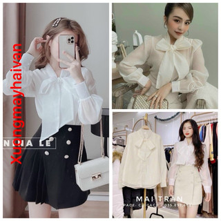 Hv - áo sơ mi tơ lụa cột nơ 2 khuy tay