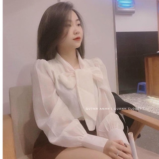 HV - Áo sơ mi tơ  lụa cột nơ 2 khuy tay