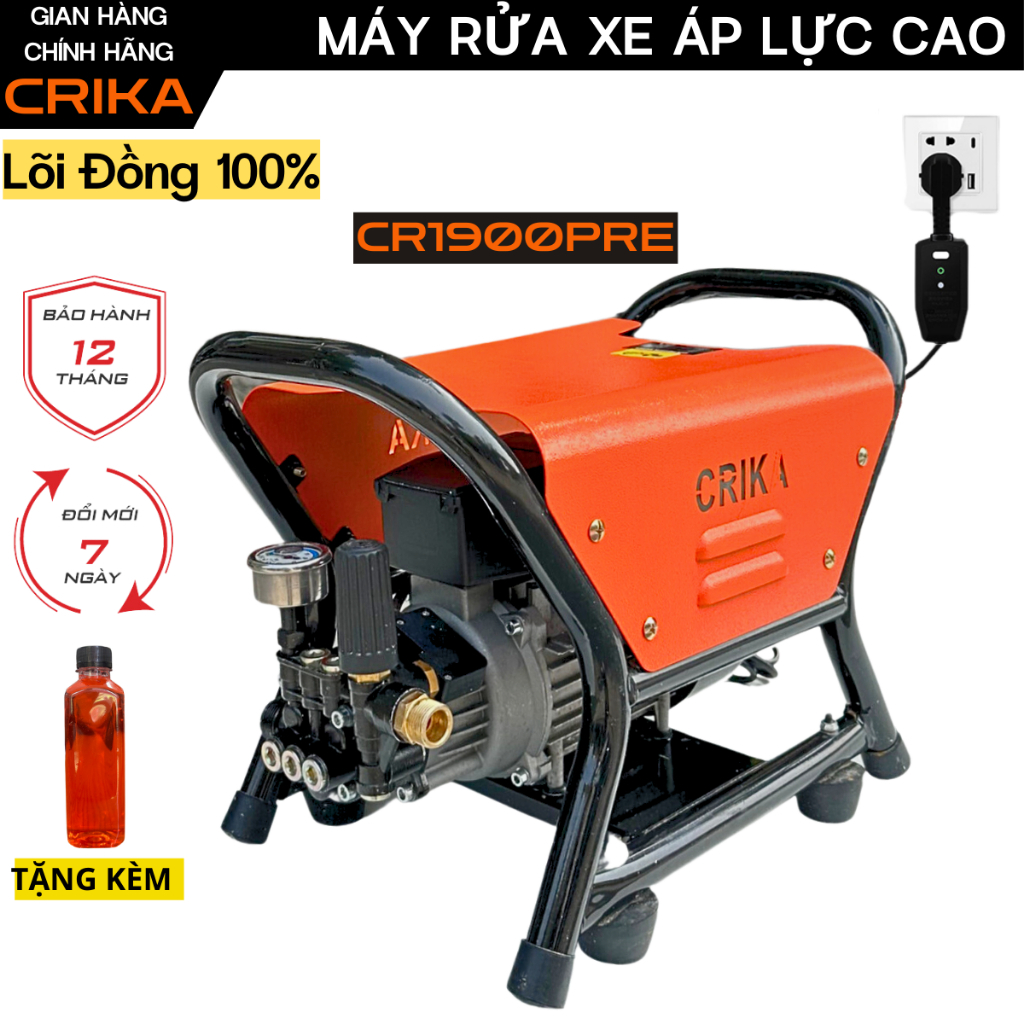 Máy rửa xe cao áp gia đình CRIKA1900PRE lõi đồng, dây cao áp dài 15m, có núm chỉnh áp, xịt rửa xe máy, ô tô, sân vườn