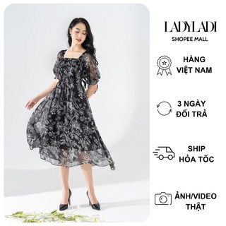 Váy maxi hoa nhí màu đen mùa hè cổ vuông tay bồng dịu dàng, thanh lịch  NDA04