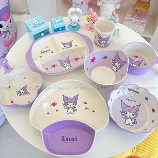 Bộ ăn dặm chén tô ly đĩa muỗng nĩa nhựa melamine hình Kuromi cho bé gái trẻ em
