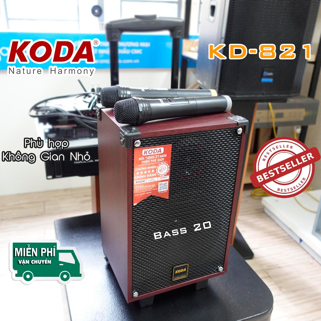 [Best seller] Loa kéo xách tay karaoke KODA KD821 Bass 20 vỏ gỗ, âm thanh sống động, tặng cặp micro không dây karaoke