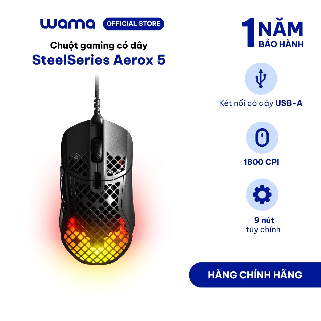 Chuột gaming có dây SteelSeries Aerox 5 màu đen, siêu nhẹ 66g, Led RGB, 9 nút, 18000 CPI, 400 IPS, b