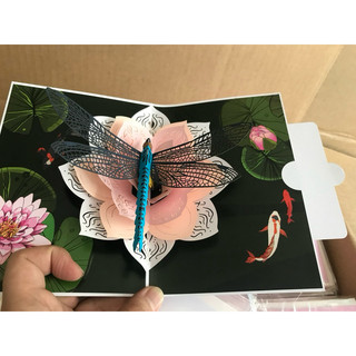 Thiệp 3d 2tpopup hoa sen chuồn chuồn