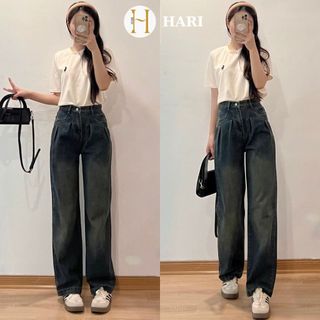 Quần jeans nữ Hari chiết ly ống rộng 9289 P13K27