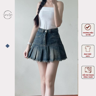 Chân váy jean chữ A lưng cao xếp ly cá tính có quần trong SPRING Chanvay336/P1K9