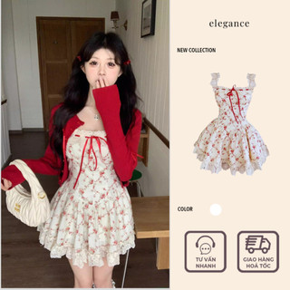 [SẴN] Đầm hai dây hoa đỏ cut eo xòe ngắn phong cách tiểu thư điệu đà quyến rũ thời tran Hàn Quốc