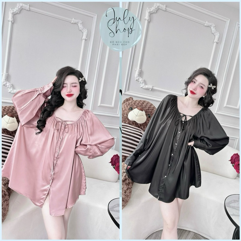 Đồ Ngủ Nữ, Set Đồ Ngủ Bigsize JULY Áo Baby Doll Tay Dài Tiểu Thư Phối Cúc Ngọc Trai Kèm Quần Đùi Lụa