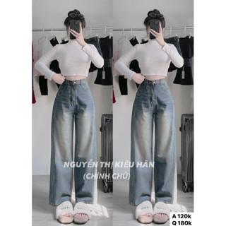 Set Baggy Jeans Ống Rộng Xanh Wash + Áo Cổ Lọ Tay Dài