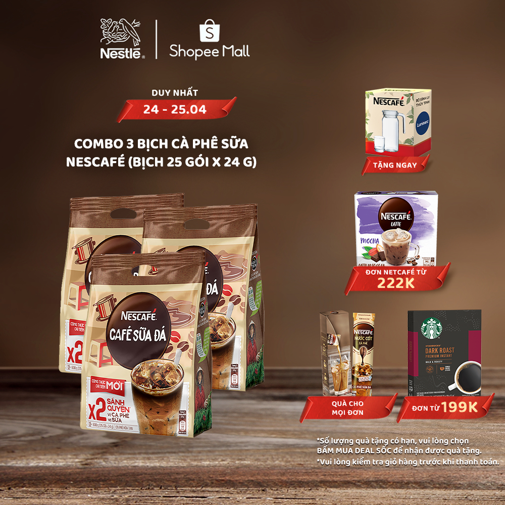 [Tặng Bộ bình ly Lumiarc 750ml & 200ml NESCAFE] Combo 3 Bịch Cà phê sữa NESCAFÉ (Bịch 25 gói x 24 g)