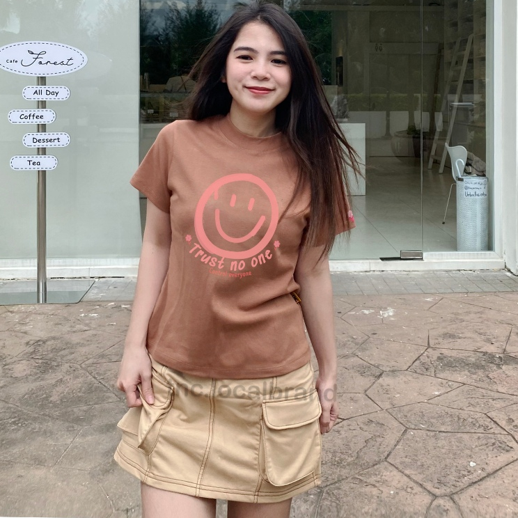 Baby Tee Nâu Áo Thun Nữ Local Brand TNC Set Chân Váy Túi Hộp Basic Đơn Giản In Hình Thỏ Dễ Thương "TRUST NO ONE" 230GSM