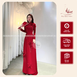 Áo dài lụa Mỹ cao cấp, áo dài cưới, áo dài màu đỏ thiết kế thủ công kết hoa siêu xinh - Áo Dài Min