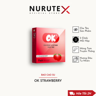 Bao cao su mỏng trơn hương dâu OK Strawberry, hộp 3 bcs xuất xứ Việt Nam