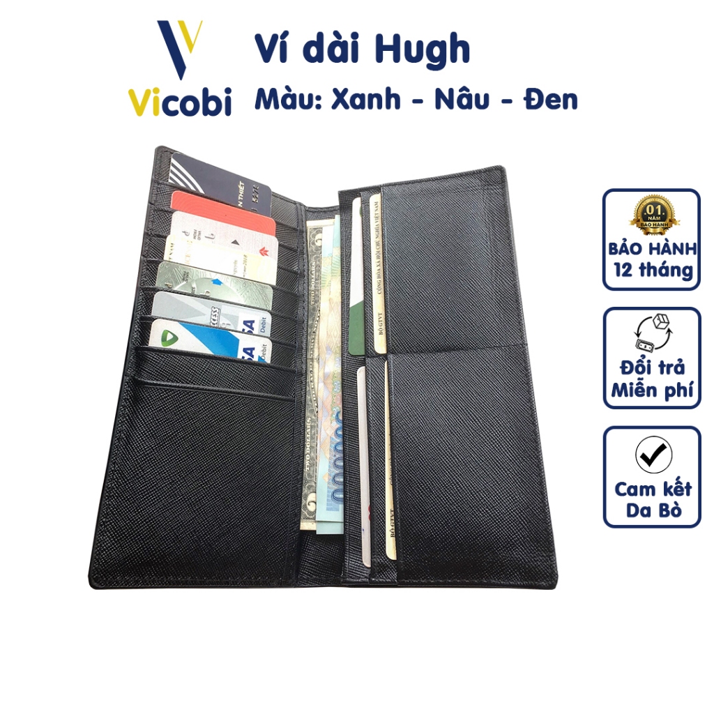 Ví dài da bò vân Taiga Hugh Vicobi D2, bóp đựng thẻ và giấy tờ