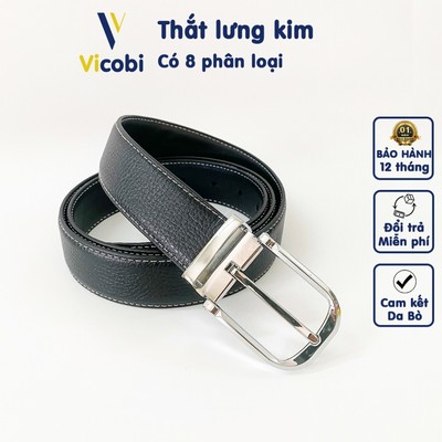 Thắt lưng nam da bò Vicobi TLĐ2, dây lưng loại Đen vân - Chỉ trắng dây kim bản 3,3cm