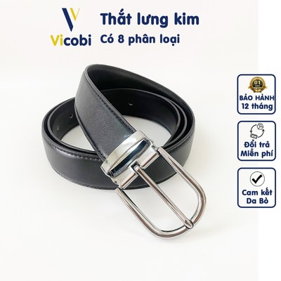 Thắt lưng nam da bò Vicobi TLĐ1, dây lưng loại Đen trơn -  Chỉ đen khóa kim bản 3,3cm