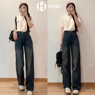 Quần jean ống rộng Hari lưng cao màu xanh retro gân trước cá tính 9589 P13K27