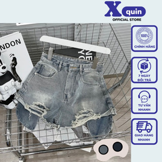  Quần short jeans nữ ống rộng túi lồi ránh lai Xquin Quần đùi nữ lưng cao kiểu rách tua rua phong cách Hàn Quốc 