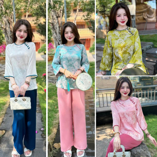 Pháp phục đi chùa, Bộ lam đi chùa Long Phụng Khuy Tết chất liệu Lụa Gấm Pháp phục đi chùa tay lỡ Đồ bộ đi lễ