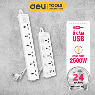 Ổ Cắm Điện Tích Hợp Cổng USB Đa Năng Deli , 2-6 Lỗ Cắm Đầu 3 Công Suất 2500W, Dây 2-5M Tiện Dụng, An Toàn, Chống Cháy Nổ