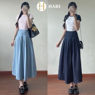 Chân váy bò dài xếp ly Hari cạp chun 2 màu  3304 P10K8