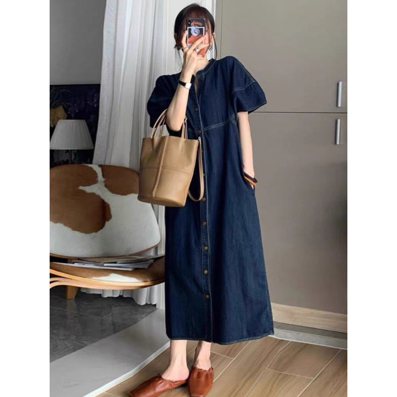 Đầm denim suông nút gài form rộng (ảnh thật/ có sẵn)