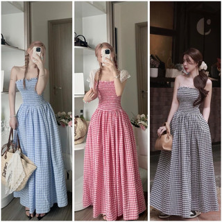 Đầm quây kẻ caro chun ngực - đầm maxi dáng dài đi biển 4 màu xinh