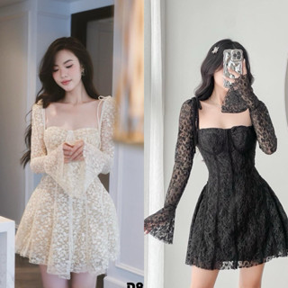 BIGSIZETIX D88 Đầm dự tiệc nữ chất ren thiết kế cúp ngực cổ vuông tay loe hack eo sang chảnh 50-90kg