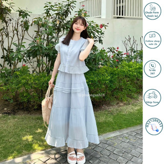 Set áo Ngắn Tay váy voan tơ lai bèo kèm chân váy Tầng Dáng Dài Xòe Nhẹ Nhàng