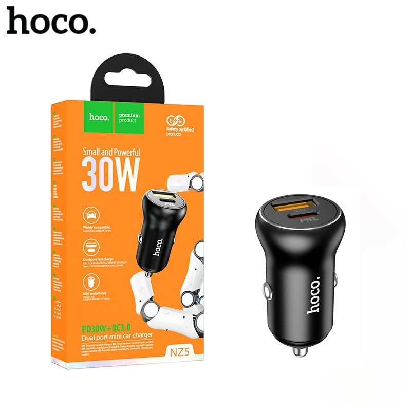 Tẩu sạc nhanh PD30W hoco NZ5 có 2 cổng Type C + USB PD30w + QC3.0, chất liệu hợp kim nhôm + chất liệ