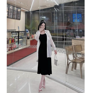Đầm maxi kèm áo khoác tay dài cột nơ sau thời trang nữ dự tiệc sang trọng chất tăm lạnh cổ dây dáng váy chữ A dài maxi