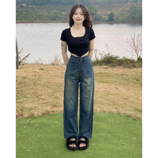 Set Baggy Jeans Ống Rộng Xanh Wash + Áo Gân Gài Nút Tay Ngắn