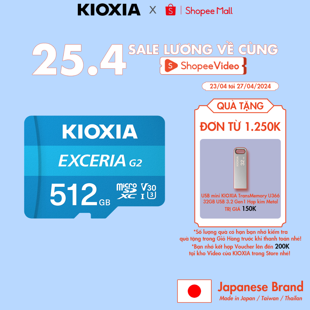 Thẻ nhớ KIOXIA MicroSD 4K SDXC V30 U3 CL10 [ MicroSD Exceria / MicroSD Exceria G2 ]  - Hàng Chính Hãng