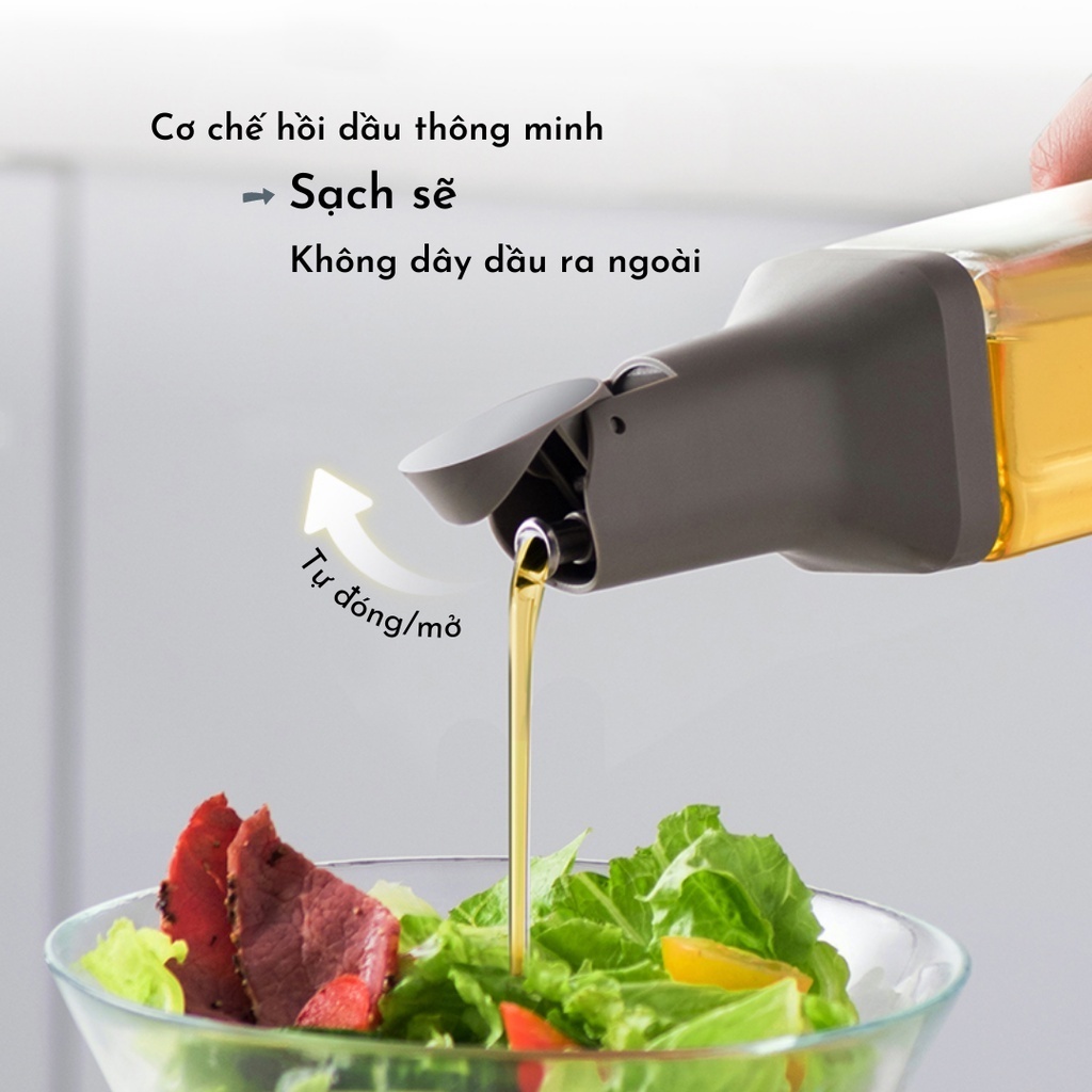 Chai Đựng Dầu Ăn Thuỷ Tinh Vòi Thép , Bình Đựng Dầu Ăn, Nước Mắm Cảm Biến Tự Đóng Mở Nắp Khi Rót
