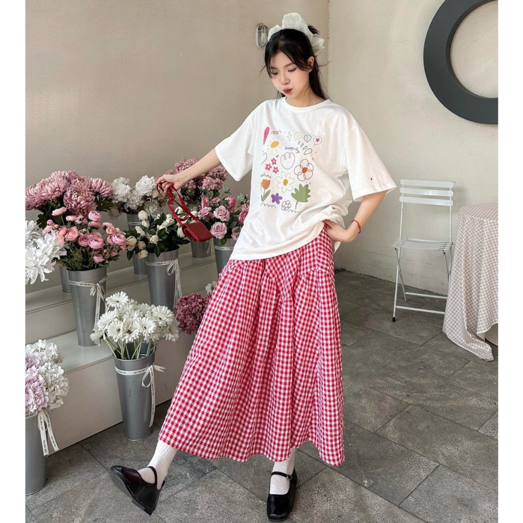 Chân váy chữ A kẻ caro dáng dài, Chân váy midi xòe dễ mix đồ xinh xắn