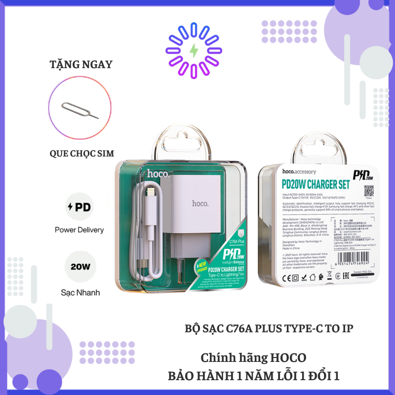 BỘ SẠC NHANH 20W C76A PLUS dành cho IPhone6-14Promax (CHÂN TRÒN)