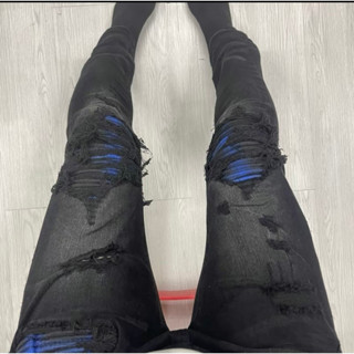 Quần jean nam 4 Cúc Đen Vá Vải Xanh Loang Nhăn Ống Côn Bó Sát Quần bò màu đen gối vá xù co giãn 4 chiều