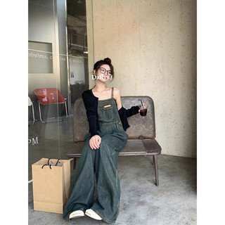 [ORDER] Yếm jean dài ống rộng, quần yếm bò phối túi trước ngực phong cách retro
