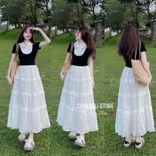Chân váy midi xòe dài phối ren hạt bèo tầng - chân váy nữ ren tầng qc dáng dài cạp chun 2 lớp ulzzang hàn quốc