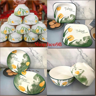 Bộ bát đĩa đẹp tulips lẻ đĩa - tô hoa văn hoạ tiết decor đẹp sang trọng