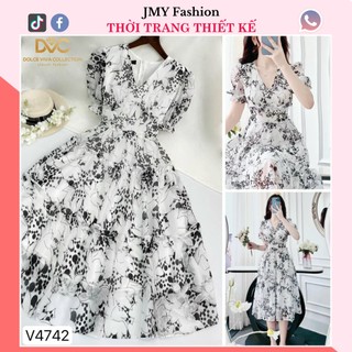 V4742 Váy voan trắng hoa xòe thiết kế nữ tính [Dolce Viva Colection (DVC)] đầm voan hoa cổ V tay bồng sang chảnh