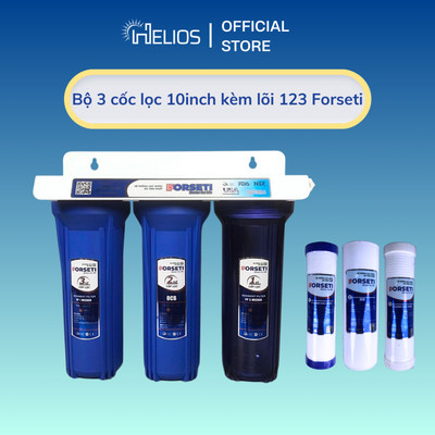 Bộ 3 cốc lọc 10inch kèm 3 lõi lọc thô 123 Forseti đầy đủ phụ kiện (3 cốc lọc lắp sẵn, 3 lõi lọc Forseti, tặng gông tháo)